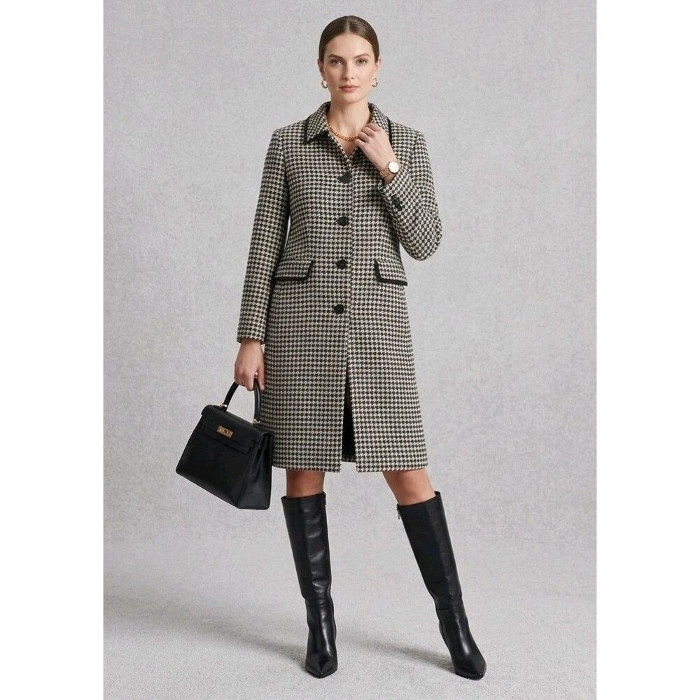 Apostrophe Wool Blend Houndstooth Long Trench Coat Jacket Womens Size 6 Vintage